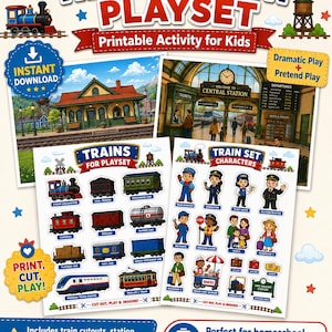 Peut inclure: Un ensemble de jeu "Train Station Playset" imprimable et coloré pour enfants, avec des wagons, des personnages de gare et des décors. Comprend le texte "Téléchargement instantané", "Imprimez, coupez, jouez !" et "Parfait pour l'école à la maison, les unités de transport et le plaisir sans écran !"