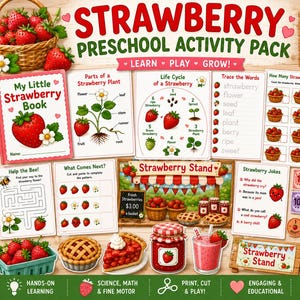 May include: A colorful strawberry-themed preschool activity pack with the text "STRAWBERRY PRESCHOOL ACTIVITY PACK." The image includes a strawberry basket, educational charts, a book, and various strawberry-related illustrations. The pack is designed for learning and play.