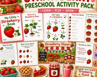 Pacote de Atividades para Educação Infantil da Temporada de Morangos | Ciclo de Vida Montessori, Brincadeira na Barraca de Produtos Agrícolas, Atividades Científicas para Imprimir