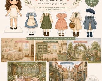 Conjunto de bonecas de papel para imprimir | Bonecas para vestir em estilo casa de campo vintage | Roupas e cenários de papel recortados para bonecas | Atividade tranquila para brincar de faz-de-conta
