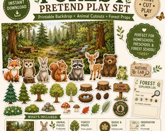 Kit de atividades imprimíveis para brincar de faz-de-conta na floresta, com recortes de animais da floresta, cenário de floresta, placa para laboratório da natureza e pacote de atividades para pré-escola e ensino domiciliar.