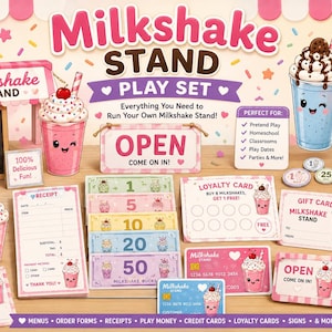 May include: A printable Milkshake Stand play set, including menus, order forms, play money, and signs. Features various milkshake designs, a menu, and an "Open" sign. Promotes creativity and math skills for pretend play.
