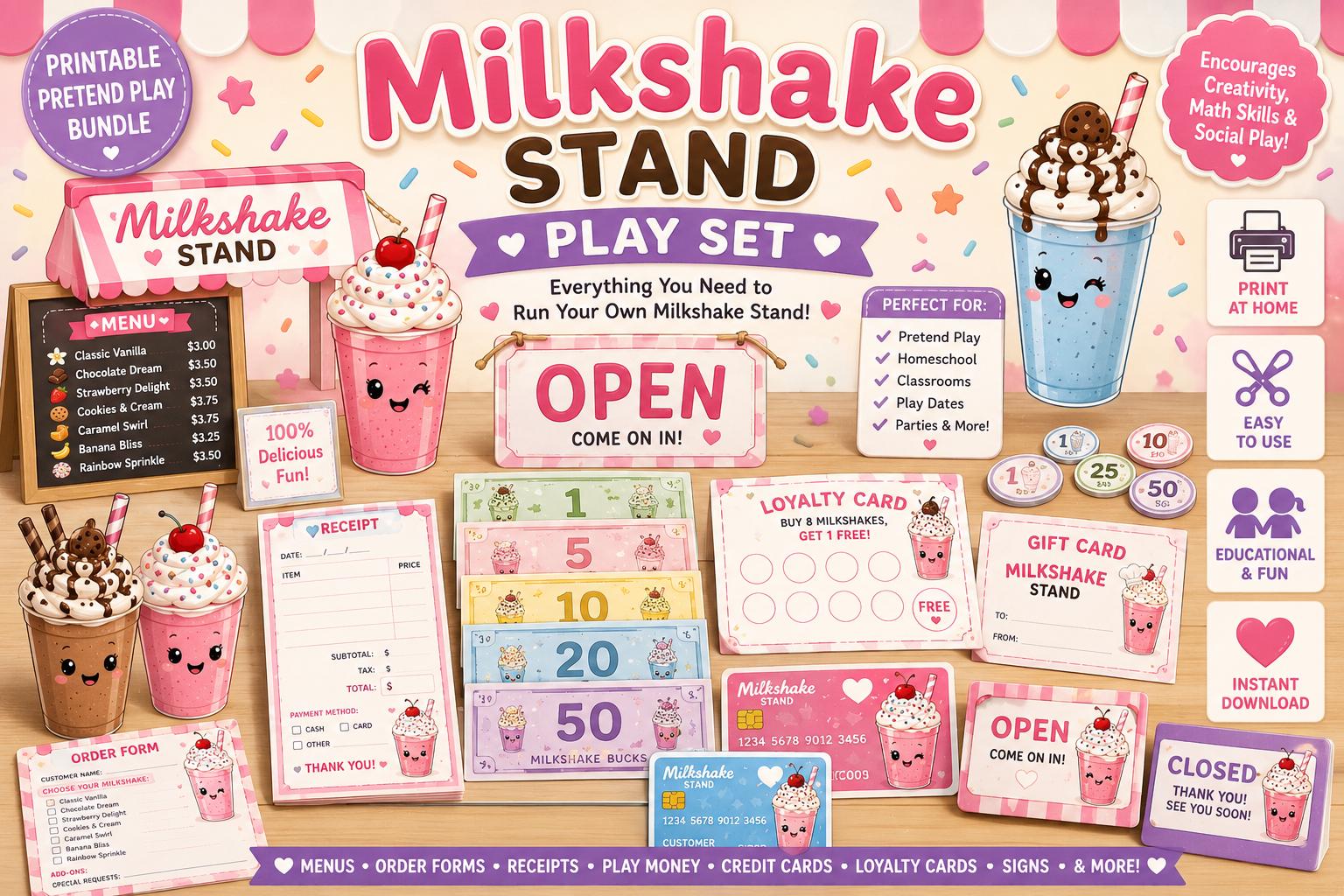 Milkshake Stand Play Set | Printable Pretend Play Bundle (menus, Money ...