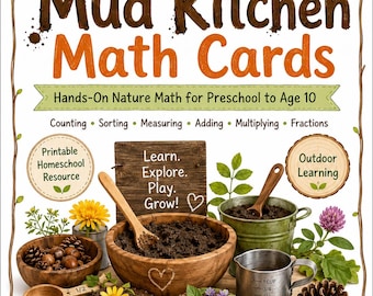 Pacote de Cartões de Matemática para Cozinha de Lama ao Ar Livre | Matemática na Natureza para Imprimir (3 a 10 anos) | Atividades de Matemática para Educação Infantil, Ensino Fundamental e Ensino Domiciliar