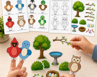 Atividade de Artesanato com Fantoches de Dedo de Pássaros para Imprimir | Brincadeira de Recortar e Colorir para Crianças (Download Digital)
