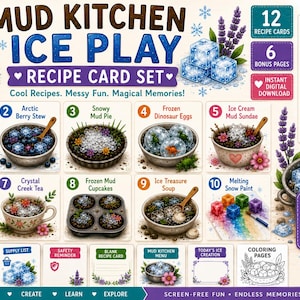 May include: A Mud Kitchen Ice Play recipe card set featuring 12 recipe cards and 6 bonus pages. The layout displays numbered illustrations of bowls filled with ice, flowers, and mud, alongside text labels like Frozen Flower Soup and Ice Treasure Soup.