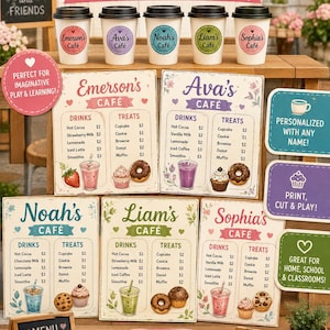 May include: A personalized cafe menu set with custom names, perfect for imaginative play. Includes cafe signs, drink and treat menus, and coffee cups. Encourages communication, creativity, and social skills.