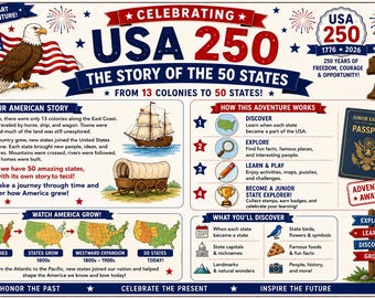 Pacote de atividades imprimíveis com a linha do tempo dos 250 estados dos EUA | Atividades de história dos 50 estados (Download digital)