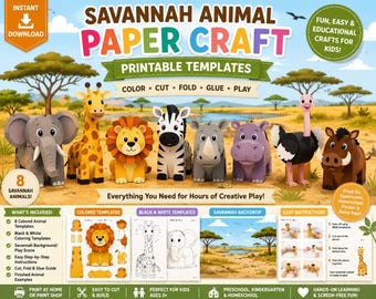 Moldes de papel para artesanato com animais da savana em PDF para imprimir | Atividade de colorir, recortar e montar com animais da savana | Artesanato para pré-escola e jardim de infância