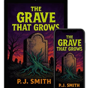 Może przedstawiać: Cyfrowa ilustracja okładki książki zatytułowanej "The Grave That Grows" wyświetlana na tablecie i smartfonie. Okładka przedstawia nagrobek z zielonymi korzeniami na tle fioletowego nieba. Nazwisko autora, P.J. Smith, znajduje się na dole.