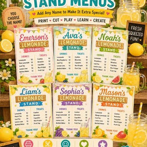 May include: A set of six personalized lemonade stand menu signs featuring colorful bunting, drink and treat lists with prices, and illustrations of lemons and fruit. The text includes names like Emerson, Ava, Noah, Liam, Sophia, and Mason.