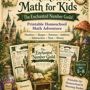 Puede incluir: Un conjunto de actividades matemáticas imprimibles titulado Whimsical Math for Kids: The Enchanted Number Guild. El diseño incluye un castillo, setas, un cofre del tesoro con monedas de oro, una poción mágica y fichas para niños de 5 a 8 años.