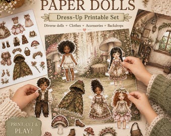 Conjunto de bonecas de papel para imprimir, fantasias de conto de fadas encantadoras, roupas de fada com cogumelos no estilo cottagecore.