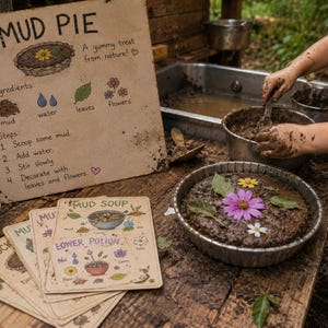 Puede incluir: Una mesa de madera rústica exhibe una tarta de barro decorada con flores y hojas. Un letrero dice "MUD PIE" con instrucciones e ingredientes. Tarjetas adicionales con ilustraciones de recetas a base de barro sugieren una actividad temática de la naturaleza.