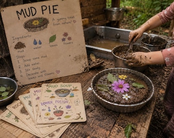 Mud Kitchen-receptenkaarten voor kleuters | Zintuiglijke activiteit in de natuur (afdrukbaar)