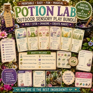 Könnte beinhalten: Ein digitaler Download eines Potion Lab Outdoor Sensory Play Bundles. Das Bild zeigt Rezeptkarten, Zutatenetiketten und Bonus-Druckvorlagen. Das Thema dreht sich um das Erschaffen von Magie mit der Natur, perfekt für Spaß im Freien und MINT-Lernen.