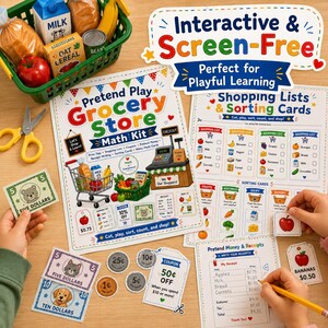 Può includere: Un kit di matematica per giocare al supermercato con fogli di attività stampati, liste della spesa, carte di smistamento e ricevute. Include denaro cartaceo, monete, coupon, un cestino della spesa in plastica verde con cibo giocattolo e forbici gialle.