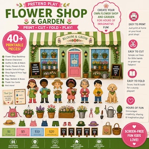 Può includere: Un set di gioco stampabile di fioraio e giardino con sfondo del negozio, personaggi e accessori. Include piante, strumenti, denaro finto e insegne. Incoraggia la creatività e il gioco fantasioso.