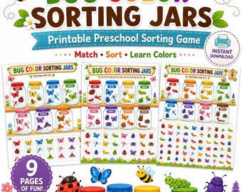 Jogo de classificação de cores de insetos em potes para imprimir | Atividade matemática para pré-escola (Download digital)