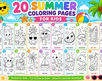 Desenhos para colorir de verão para crianças: praia, piscina, atividades de férias (download digital)