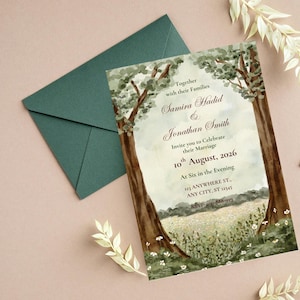 Modello di invito per matrimonio nella foresta, invito incantato ad acquerello in un bosco, invito di matrimonio rustico a tema natura stampabile, download immediato