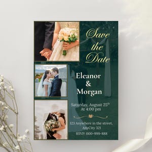 Bewerkbare Save the Date-sjabloon, elegante fotocollage huwelijksaankondiging, smaragdgroen printbaar met gouden lettertype, direct te downloaden