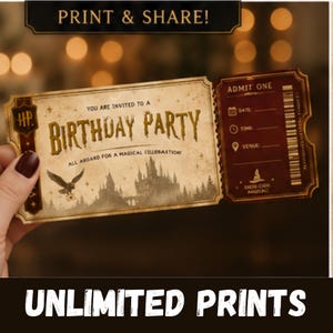 May include: A rectangular birthday party invitation designed as a vintage train ticket. The left side is cream-colored with gold text reading 'YOU ARE INVITED TO A BIRTHDAY PARTY' and 'ALL ABOARD FOR A MAGICAL CELEBRATION', featuring a castle and owl illustration. The right side is dark red with 'ADMIT ONE' and blank lines for date, time, and venue.