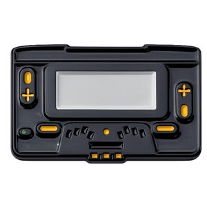 May include: Black handheld gaming device with a rectangular screen and yellow buttons. The device has a retro design with a directional pad and action buttons. The screen is a light grey colour. The device is a modern take on a classic handheld console.