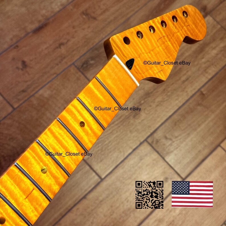 May include: A guitar neck with a flamed maple finish. The neck has a natural wood color with a striped pattern. The headstock has six tuning peg holes. The image includes the text "Guitar_Closet eBay" and a QR code and American flag.