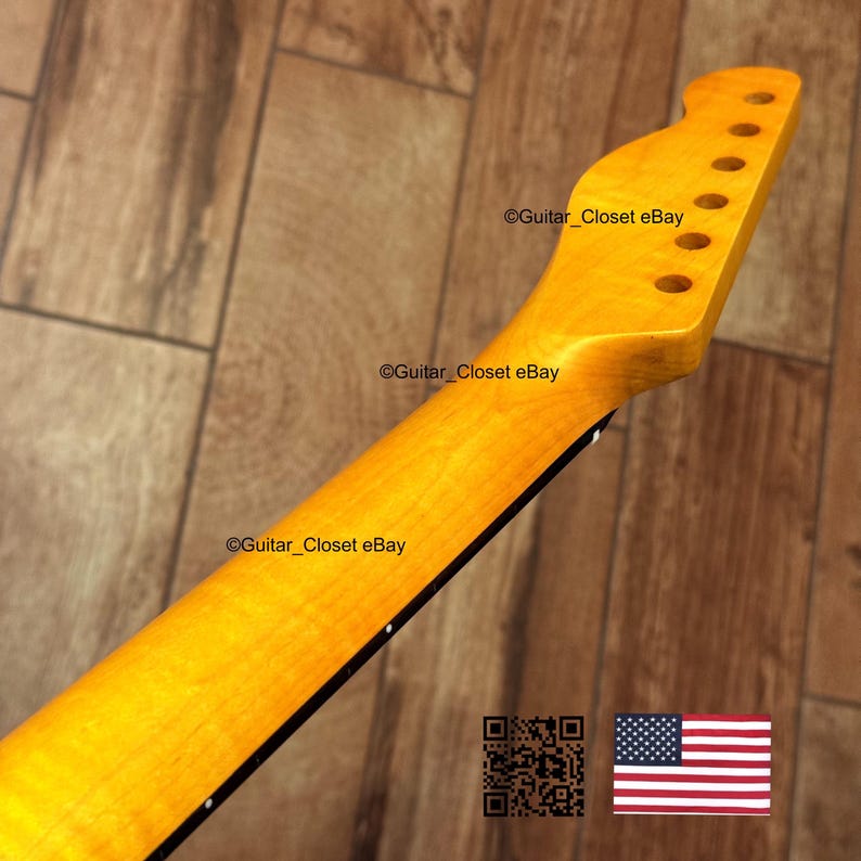 Puede incluir: M&aacute;stil de guitarra con acabado de madera natural. El clavijero tiene agujeros para las clavijas. El texto "Guitar_Closet eBay" es visible. La bandera estadounidense est&aacute; en la esquina inferior derecha.