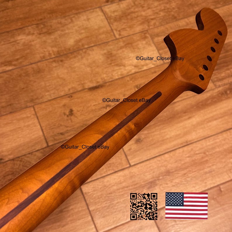 May include: A guitar neck with a natural wood finish, featuring a dark stripe down the center. The headstock has tuning peg holes. The image includes the text "Guitar_Closet eBay" and a QR code and American flag.