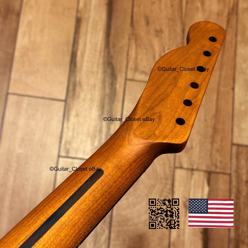 May include: A wooden guitar neck with a natural finish, featuring six tuning peg holes and a black stripe down the center. The headstock has a classic shape. The image includes the text "Guitar_Closet eBay" and a QR code.