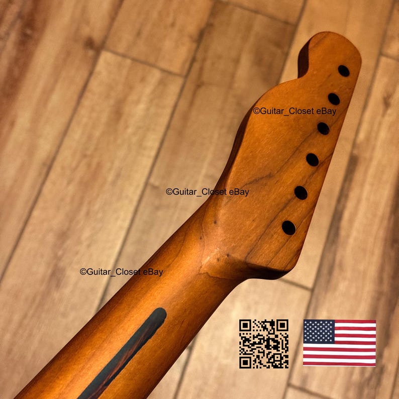 Op de afbeelding: Een houten gitaarhals met een natuurlijke afwerking, met zes stemgaten en een donkere inleg. De kop heeft een klassieke vorm. De afbeelding bevat de tekst "Guitar_Closet eBay", een QR-code en een Amerikaanse vlag.