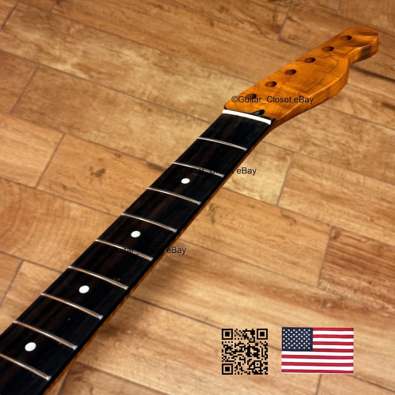 May include: A guitar neck with a dark fretboard and white dot inlays. The headstock is a lighter wood color with tuning peg holes. The image includes the text "Guitar Closet eBay" and a QR code, along with the American flag.