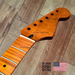 May include: A guitar neck with a natural wood finish. The headstock has six tuning peg holes and the fretboard has white inlays. The image includes the text "Guitar_Closet eBay" and a QR code and American flag.