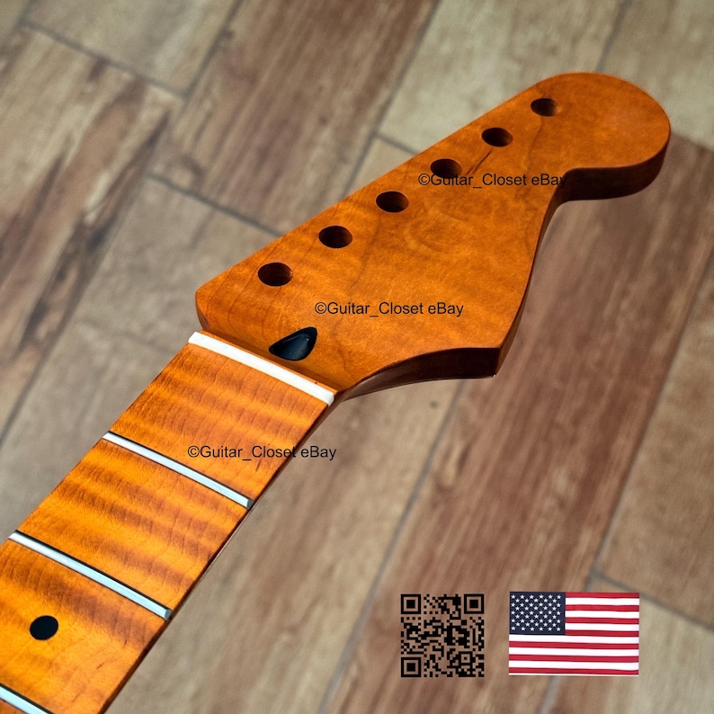 May include: A guitar neck with a natural wood finish. The headstock has six tuning peg holes and the fretboard has white inlays. The image includes the text "Guitar_Closet eBay" and a QR code and American flag.