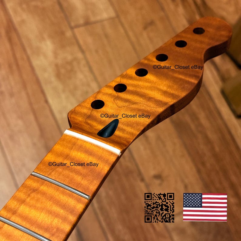 May include: A close-up of a guitar neck with a flamed maple finish. The headstock has six tuning peg holes. The fretboard has silver frets. The text "@Guitar_Closet eBay" is visible. A QR code and the American flag are in the image.