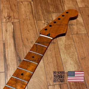May include: A guitar neck with a natural wood finish. The headstock has tuning peg holes and the fretboard has inlaid frets. The text "@Guitar_ClosetEbay" is visible. An American flag and a QR code are in the image.