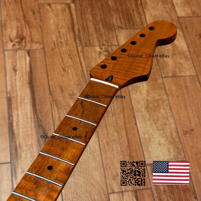 May include: A guitar neck with a natural wood finish. The headstock has tuning peg holes and the fretboard has inlaid frets. The text "@Guitar_ClosetEbay" is visible. An American flag and a QR code are in the image.