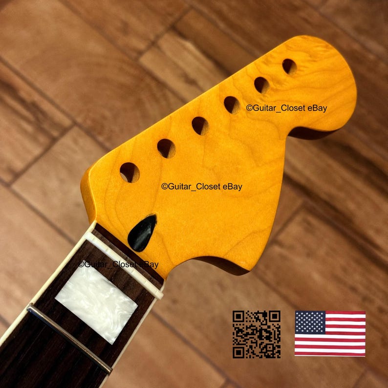 K&ouml;nnte beinhalten: Nahaufnahme von Gitarrenhals und Kopfplatte. Die Kopfplatte ist hellgelb mit sechs L&ouml;chern f&uuml;r die Stimmwirbel. Der Hals hat ein dunkelbraunes Griffbrett mit wei&szlig;en Einlagen. Der Text "@Guitar_Closet eBay" ist sichtbar.
