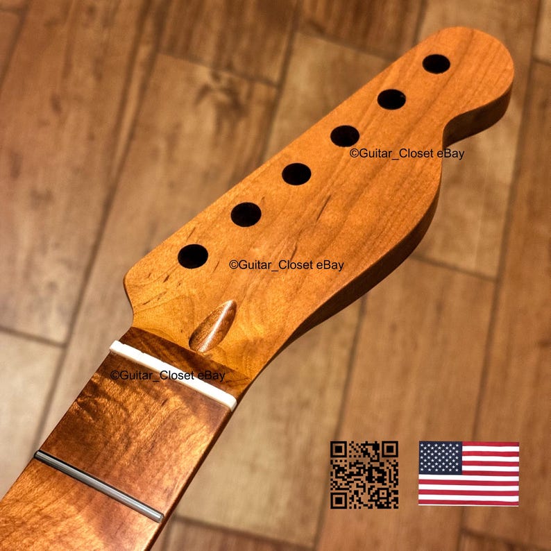 May include: A natural wood guitar neck featuring a headstock with six tuner holes, a white nut, and a fretboard with a single visible metal fret. The wood grain is prominent throughout the piece, which includes the text Guitar_Closet eBay.