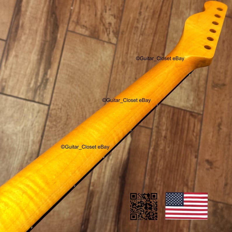 Puede incluir: M&aacute;stil de guitarra de estilo vintage con acabado amarillo. El m&aacute;stil tiene un clavijero con seis agujeros para clavijas y un diapas&oacute;n negro. La imagen incluye el texto "Guitar_Closet eBay", un c&oacute;digo QR y la bandera estadounidense.