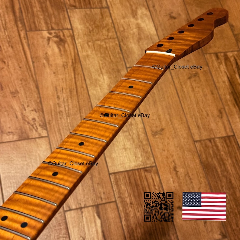 May include: A guitar neck with a flamed maple finish. The neck has black fret markers and silver frets. The headstock has tuning peg holes. The image includes the text "Guitar_Closet eBay", a QR code, and a small American flag.
