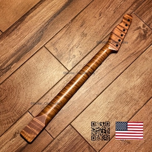 May include: A brown flamed maple electric guitar neck featuring a natural wood grain pattern, a headstock with six pre-drilled tuning peg holes, and the text Guitar_Closet eBay visible on the surface along with a QR code and a small US flag.
