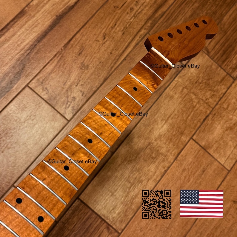 May include: A light brown, figured maple guitar neck featuring a headstock with six tuner holes, a fretboard with silver frets, and black dot position markers. The text Guitar_Closet eBay is visible on the wood, alongside a QR code and a US flag.