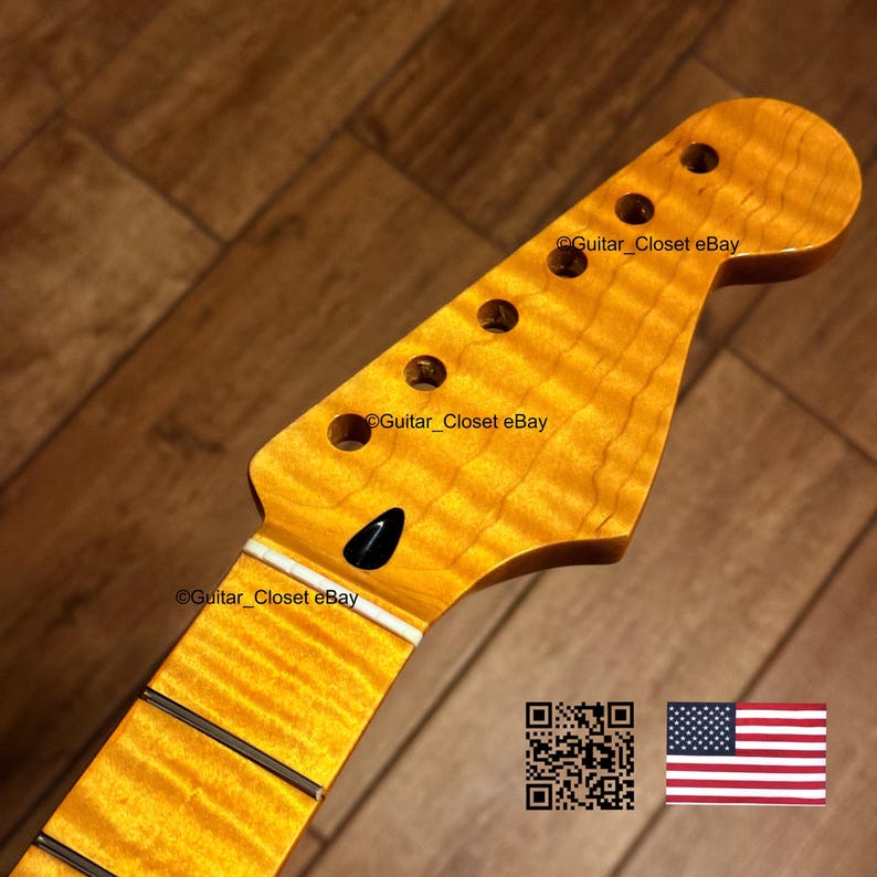 May include: A guitar neck with a flamed maple finish. The headstock has six tuning peg holes. The fretboard has black fret markers. The image includes the text "Guitar_Closet eBay", a QR code, and an American flag.