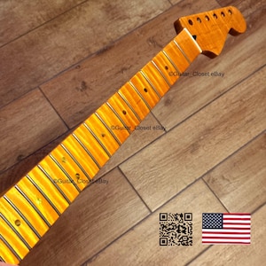 May include: A guitar neck with a flamed maple fretboard. The neck has a natural finish and features frets and tuning peg holes. The image includes the text "Guitar_Closet eBay" and a QR code and American flag.