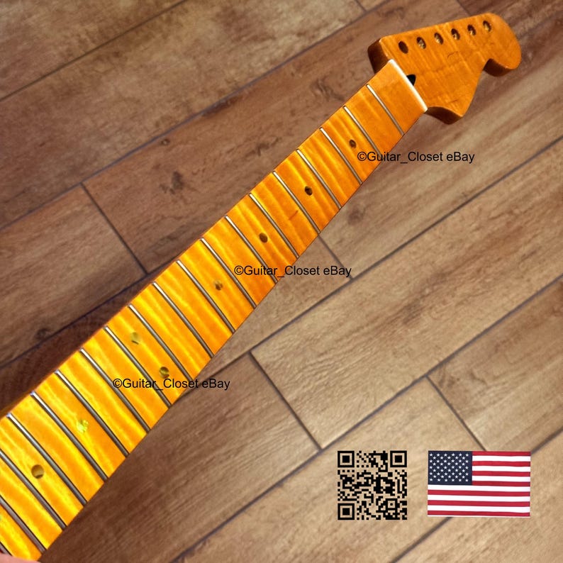 May include: A guitar neck with a flamed maple fretboard. The neck has a natural finish and features frets and tuning peg holes. The image includes the text "Guitar_Closet eBay" and a QR code and American flag.