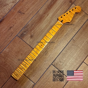 May include: A maple guitar neck with a flamed grain pattern. The neck has a headstock with tuning peg holes and a fretboard with inlaid position markers. The image includes the text "Guitar Closet eBay" and a QR code and American flag.