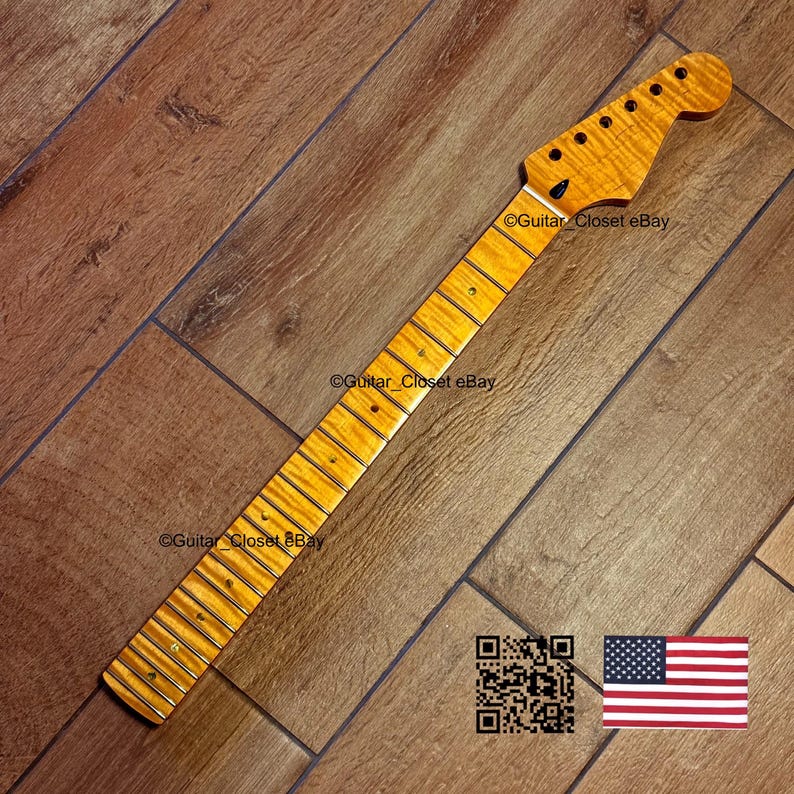 May include: A maple guitar neck with a flamed grain pattern. The neck has a headstock with tuning peg holes and a fretboard with inlaid position markers. The image includes the text "Guitar Closet eBay" and a QR code and American flag.